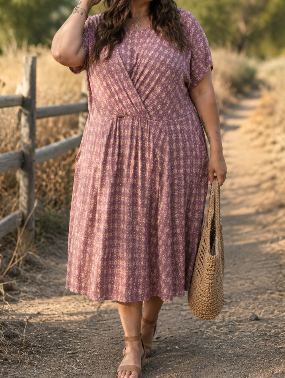 Torrid Plus Size Mauve Geo Print Knotted Waist Midi Dress Pockets Stretch Boho